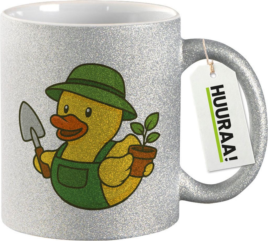 Huuraa Glitzertasse Quietscheente Gartenbau Comic Gummiente 330ml Silber Keramik Kaffeebecher Geschenkidee