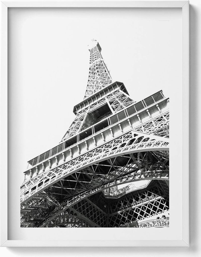 Schwarz-weißer Eiffelturm in Paris– Wandbild mit Rahmen – Gerahmtes Bild – Wanddekoration – 60x80 cm – Weiß Rahmen