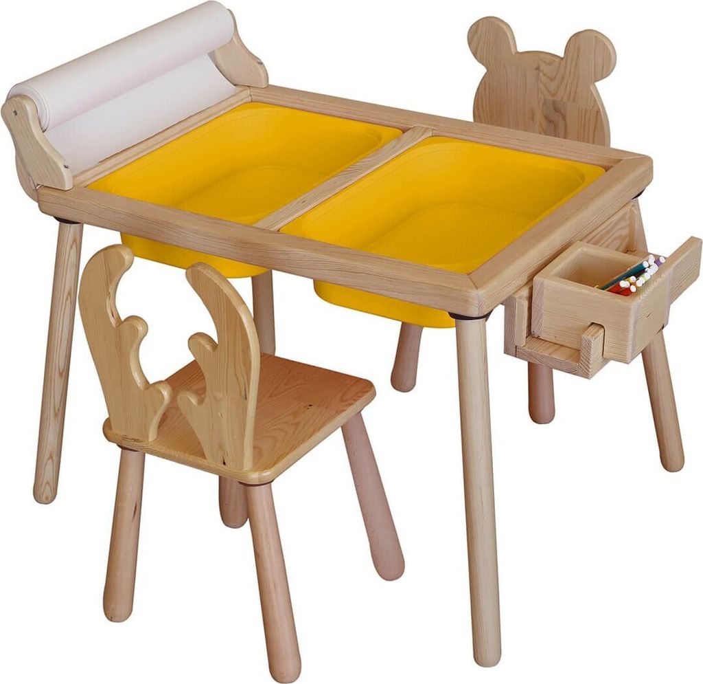 Skye Decor, Roll and 2 Chairs - Yellow, Tischset für Kinder, 100 % KIEFER, Gelb, 53 x 74 x 52 cm