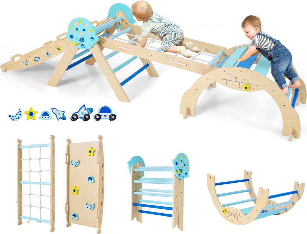 A collage of images showing a wooden indoor climbing structure for children, with various components and accessories.