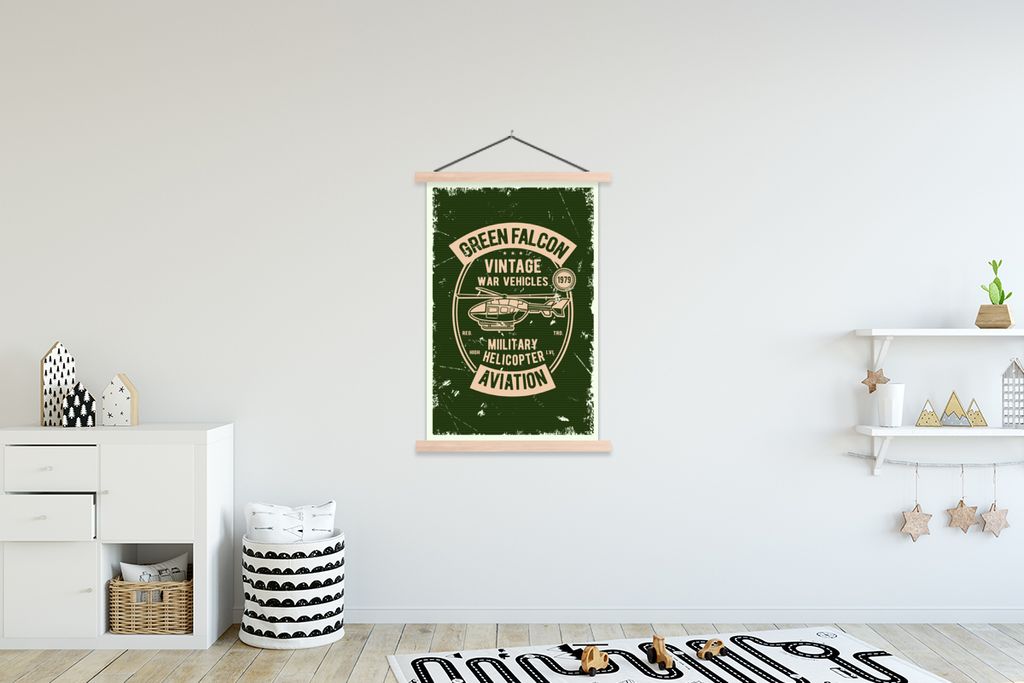 MuchoWow Textilposter Hubschrauber - Vintage - Grün 120x180 cm mit holzfarbenen Rahmen - Textil-Plakat