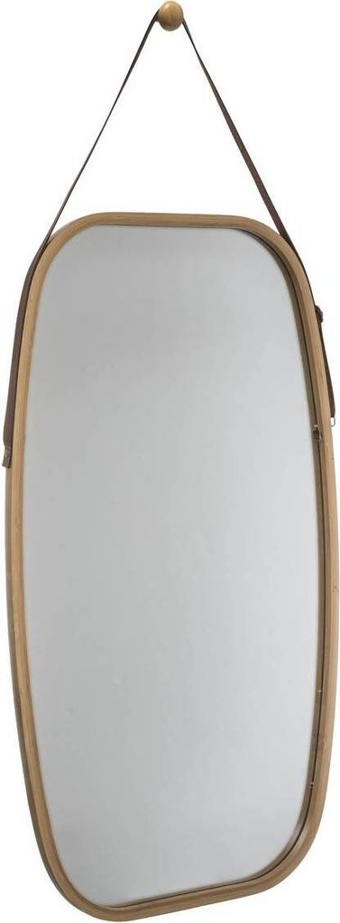 A mirror hanging from a strap against a white background.