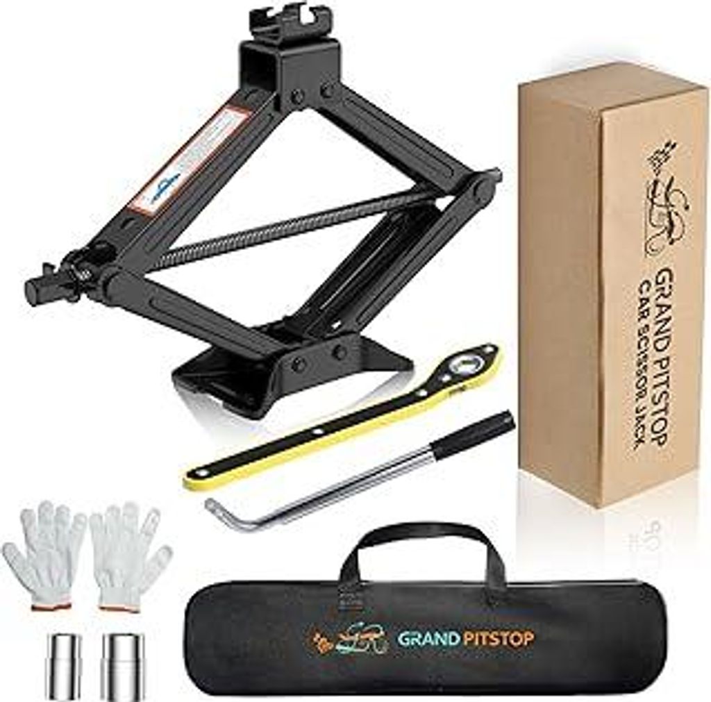 GRAND PITSTOP Wagenheber-Set Scherenwagenheber für Autos 2 Tonnen (4409 lbs) Reifenheber-Werkzeugsatz Universal-Auto-Notfallset mit Radmutternschl...