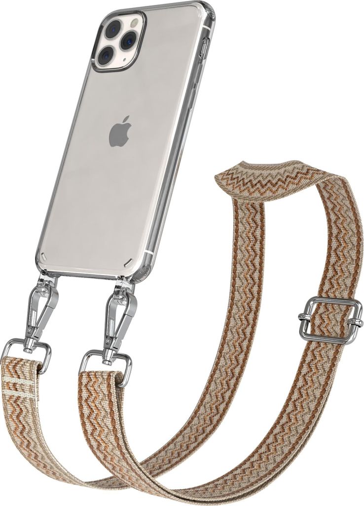 Apple iPhone 11 Pro Chain Eyelets Slim Neck Strap Set Wave Style 07 Beige/Brown 02 Metall Silver