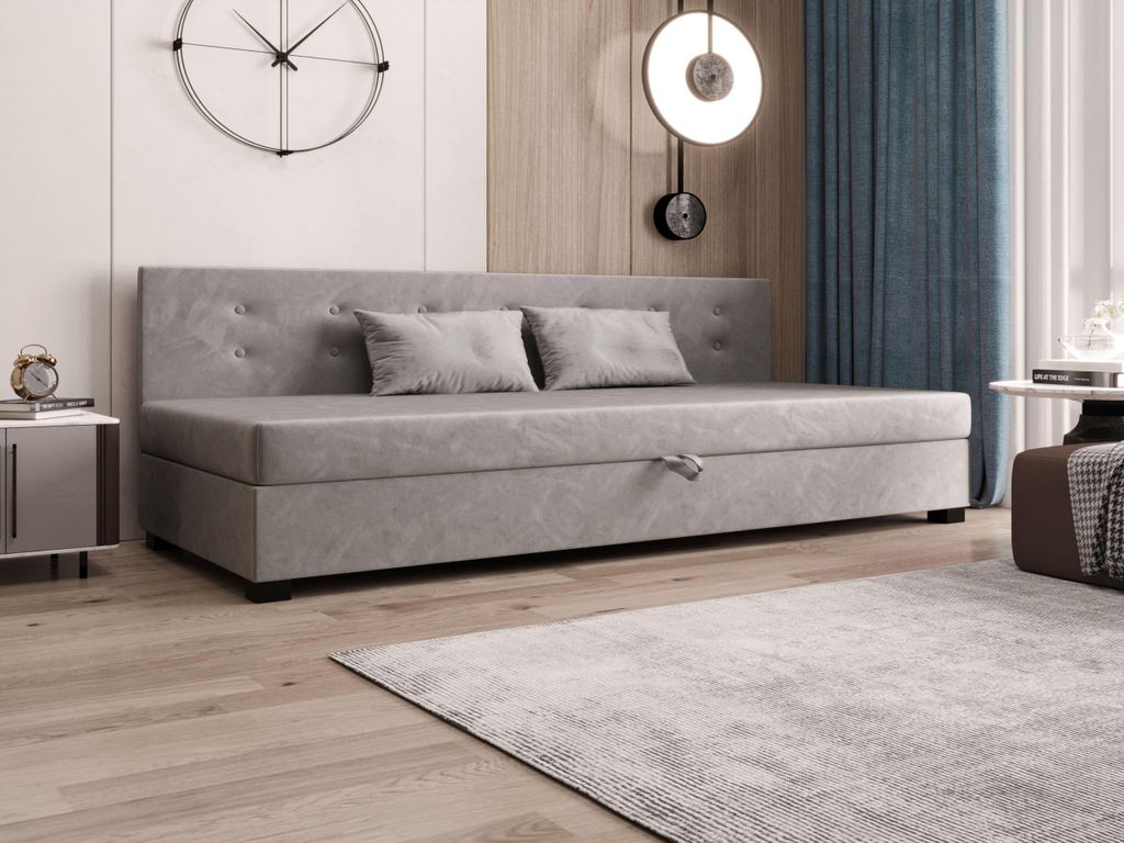 AURA SOFA Boxspringbett OLAF BIZ 90x195 Komplett-Set mit Bonell Matratze, Polsterbett mit Bettkästen - Grau, MONOLITH 84