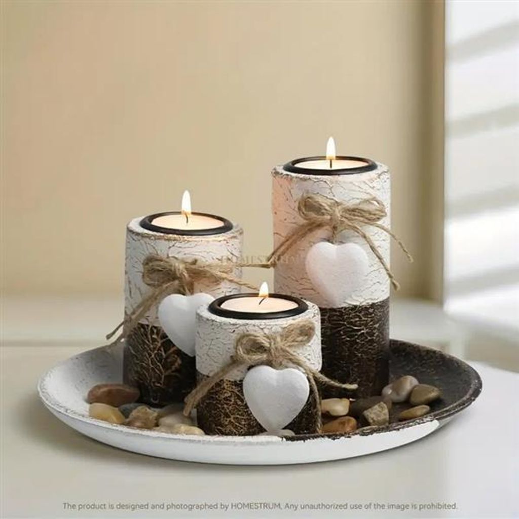 4-teiliges Kerzenhalter-Set aus Holz – mit Deko-Steinen, Juteband & Schale – Teelicht-Halter für Zuhause & Geschenkideen