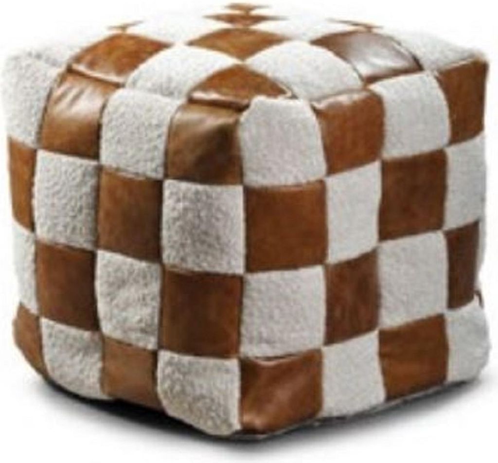 Casa Padrino Luxus Hocker Weiß / Braun 45 x 45 x H. 45 cm - Sitzhocker in Würfelform mit Echtleder - Fußhocker - Wohnzimmer Möbel