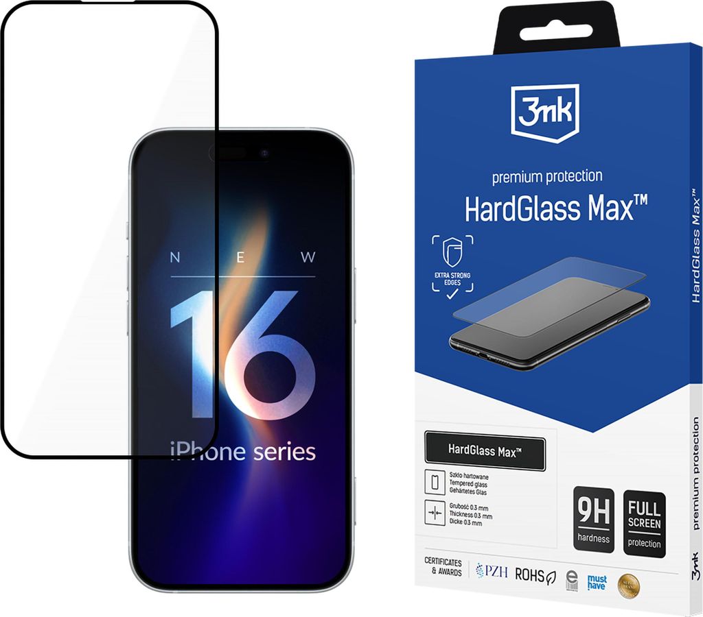3MK HardGlass Max, Apple, iPhone 16 Plus, Fallbeständig, Kratzresistent, Schwarz, Transparent, 1 Stück(e)
