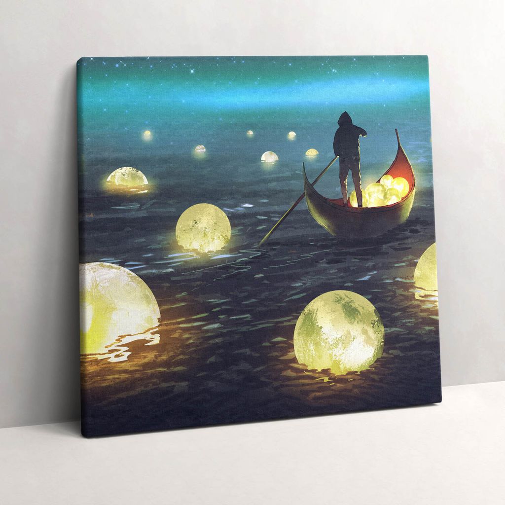Illustration of boats and moons – Leinwandbild Wandbild – 60x60 cm – Leinwandbilder – Wandbilder – Schlafzimmer – Flur