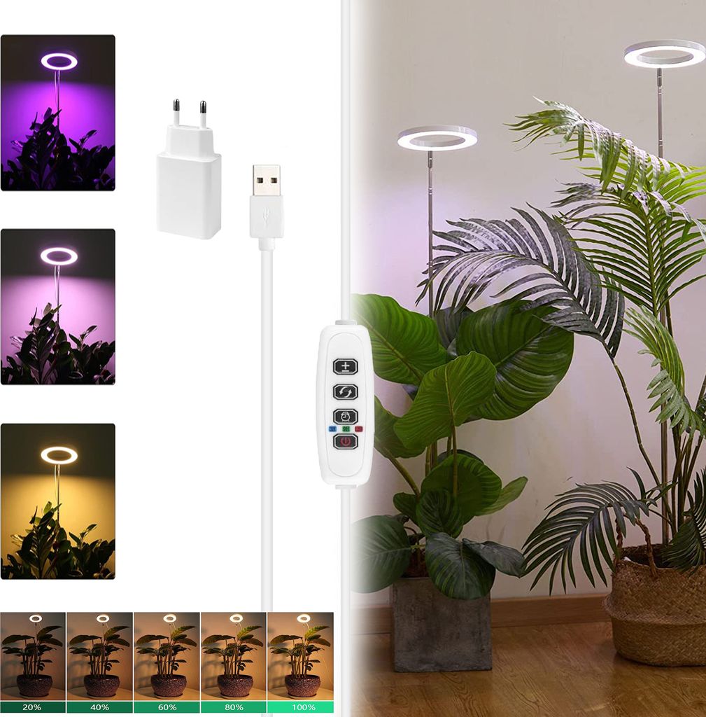 Pflanzenwachstumslicht 72 LEDs Ringlampe PflanzenLampe Vollspektrum Weiß,Blau,Rot,Warmweiß,Höhenverstellbares 3/9/12H Timer,USB mit Adapter,Weiß