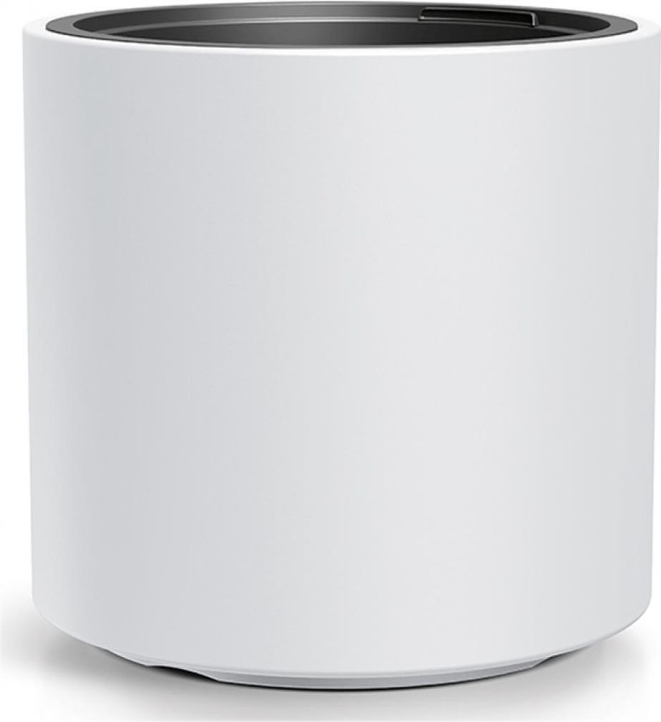 A white cylindrical planter with a black rim is shown against a white background.