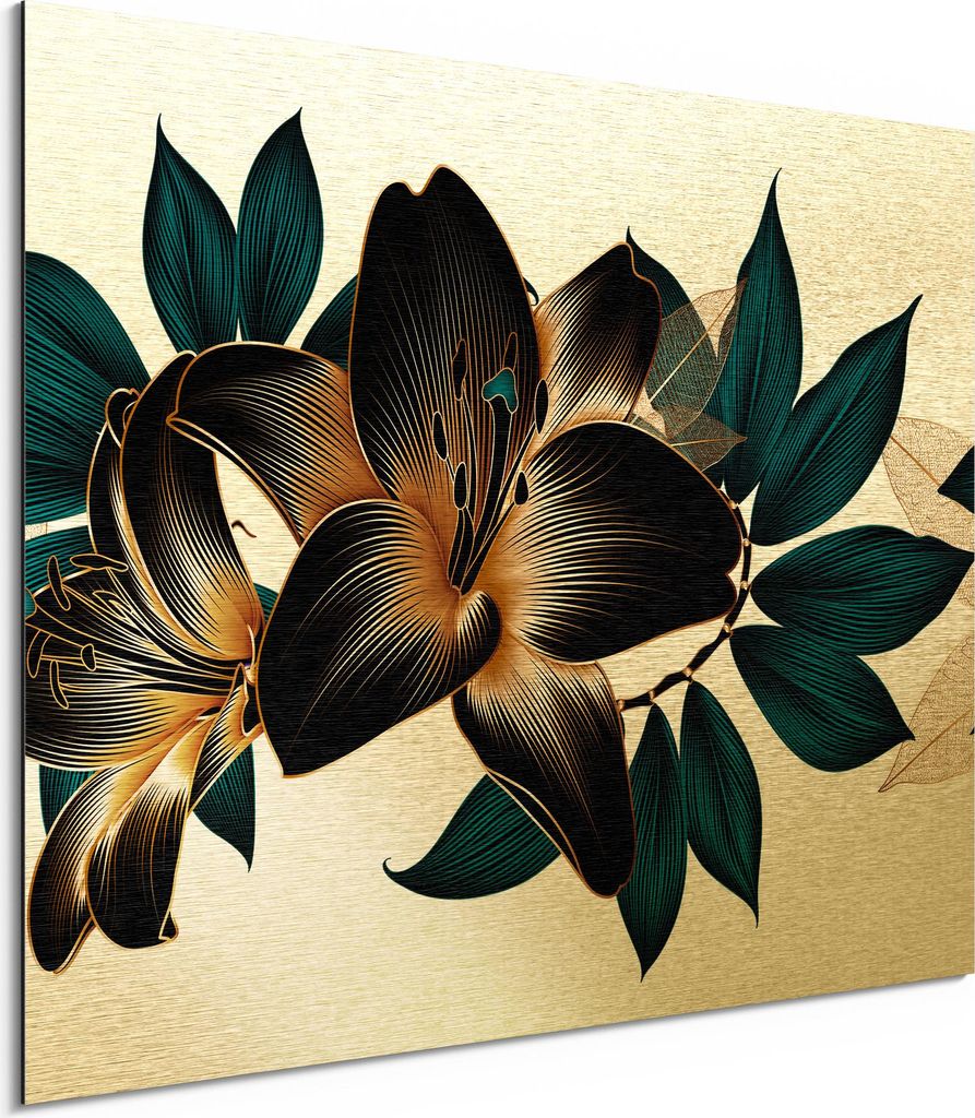 DEQORI Alu-Dibond Bild Gold 80x60 cm 'Hochwertige Liliengrafik' Wandbild Metall dünn
