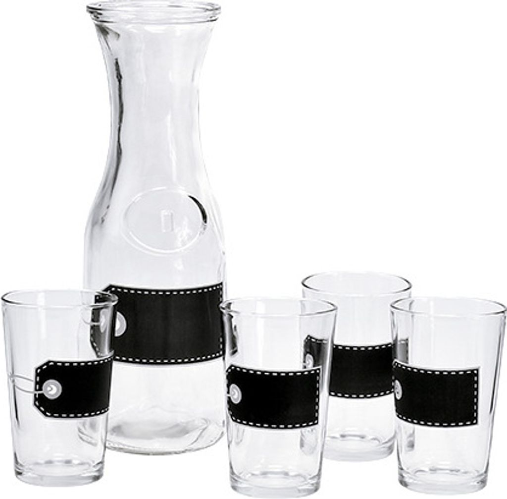 Glaskaraffe H27cm mit 4 Gläsern H11cm - Set für Getränke, Dekanter, Blumenvase, Party-Servierset