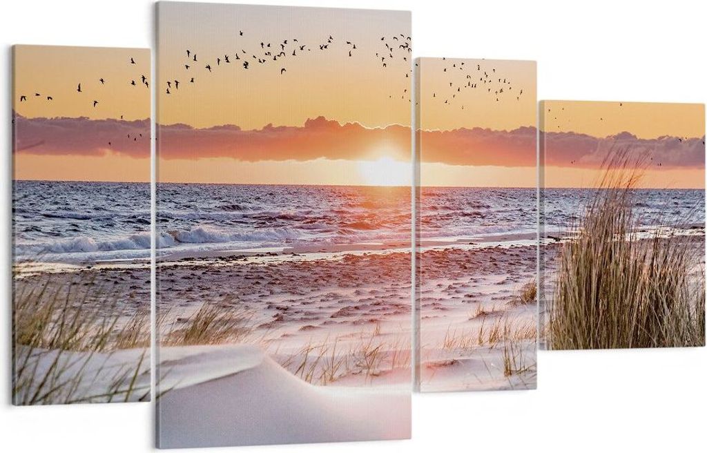 Bild auf Leinwand - Leinwandbild - 4 Teile - Sonne Strand Vögel - 120x70cm - Wand Bild - Wanddeko - Wandbilder - Leinwanddruck - Bilder - Wanddeko...