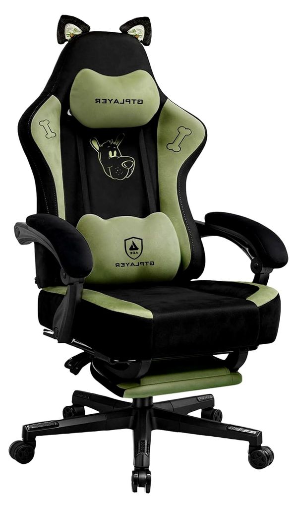 Gaming Stuhl mit Samtstoff, ergonomischer Bürostuhl mit Katzenohren, Memory-Schaum und Fußstütze, 150kg, Grün