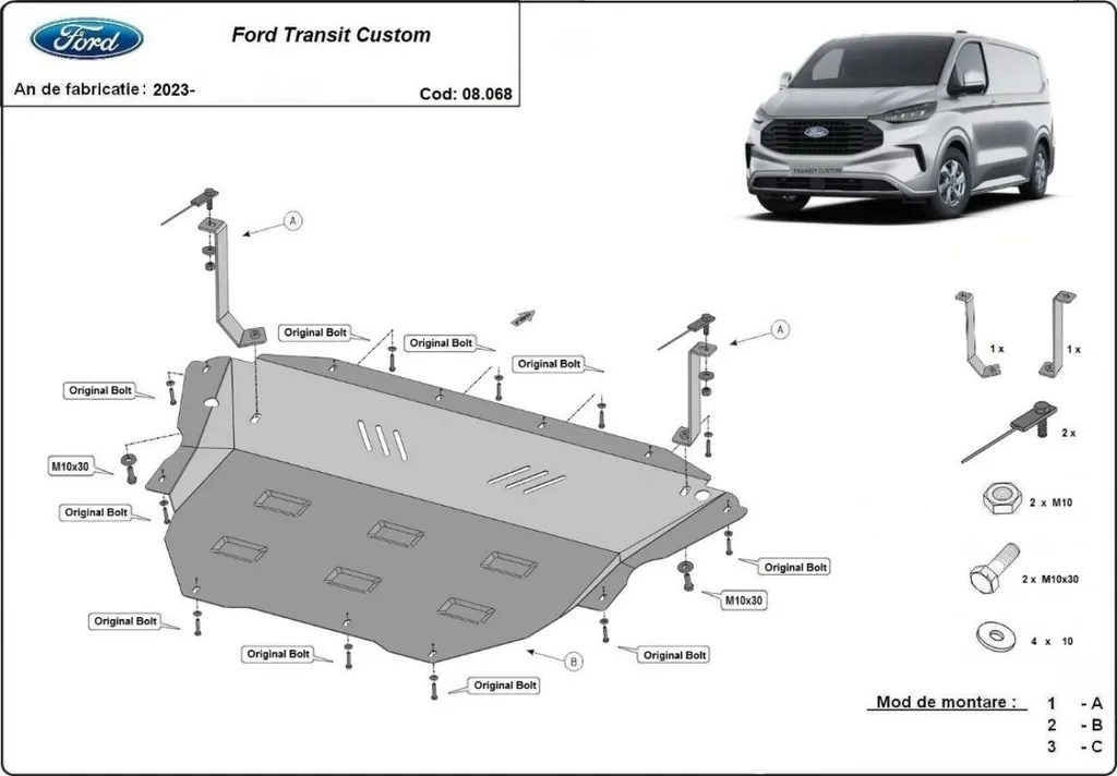 Carter de protection anti-encastrement Ford Transit Custom acier 2mm - 3