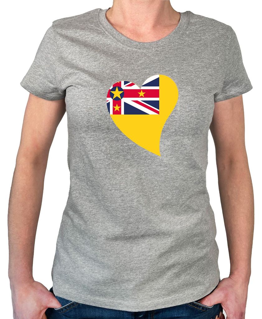 Huuraa Damen T-Shirt Niue Flagge Herz S Sport Grey Bio Baumwolle Fairtrade Damenshirt Geschenkidee
