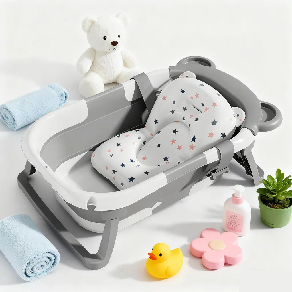 Baignoire Bébé Portable Grise à Grande Capacité avec Fond Antidérapant