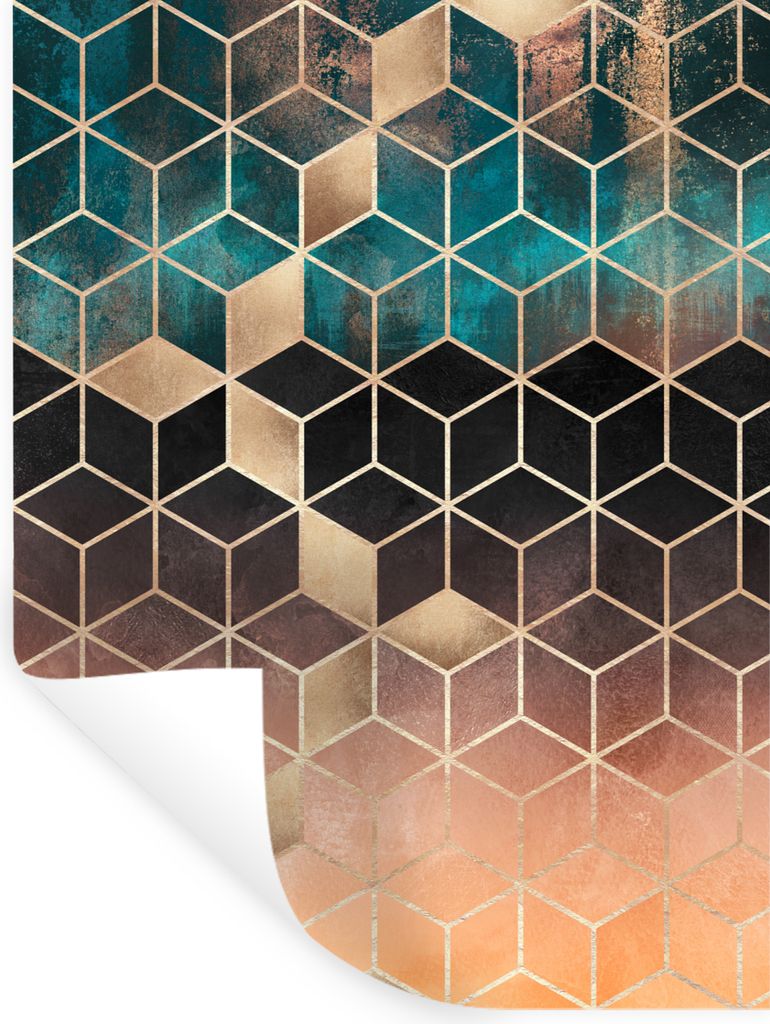 MuchoWow Wandtattoo Wandsticker Wandaufkleber Abstrakt - Würfel - Gold - Muster - Luxus 120x160 cm Selbstklebend und Repositionierbar - Wierderv...