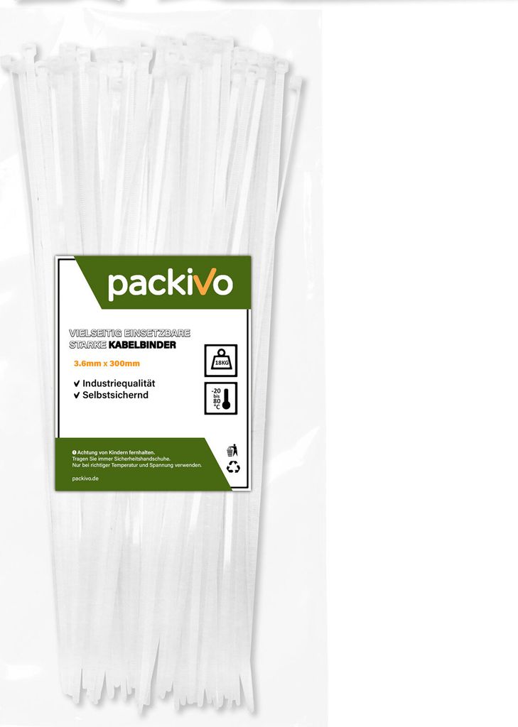 PACKIVO Profi Kabelbinder 3,6 x 300mm Weiss weiß schwarz Produktbild 