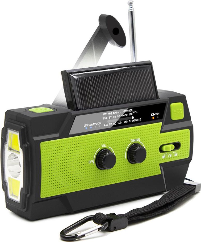 Tragbares Notfallradio mit Solarantrieb, Kurbelantrieb (AM/FM), LED-Taschenlampe, USB-Anschluss und SOS-Alarm für Wandern, Camping oder allgemeine...