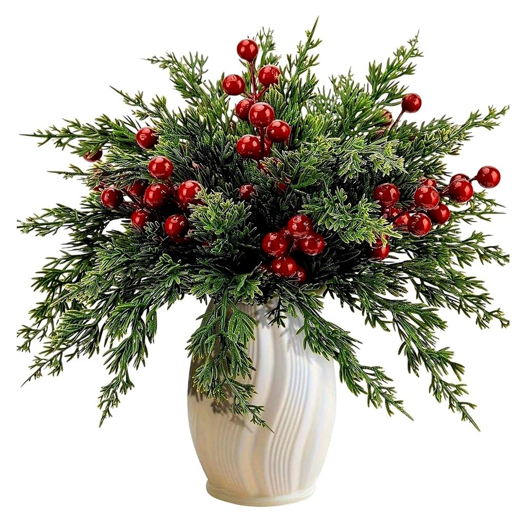 55 Stück Künstliche Kiefernnadeln mit roten Beeren, Weihnachts-Picks für Winterbasteleien