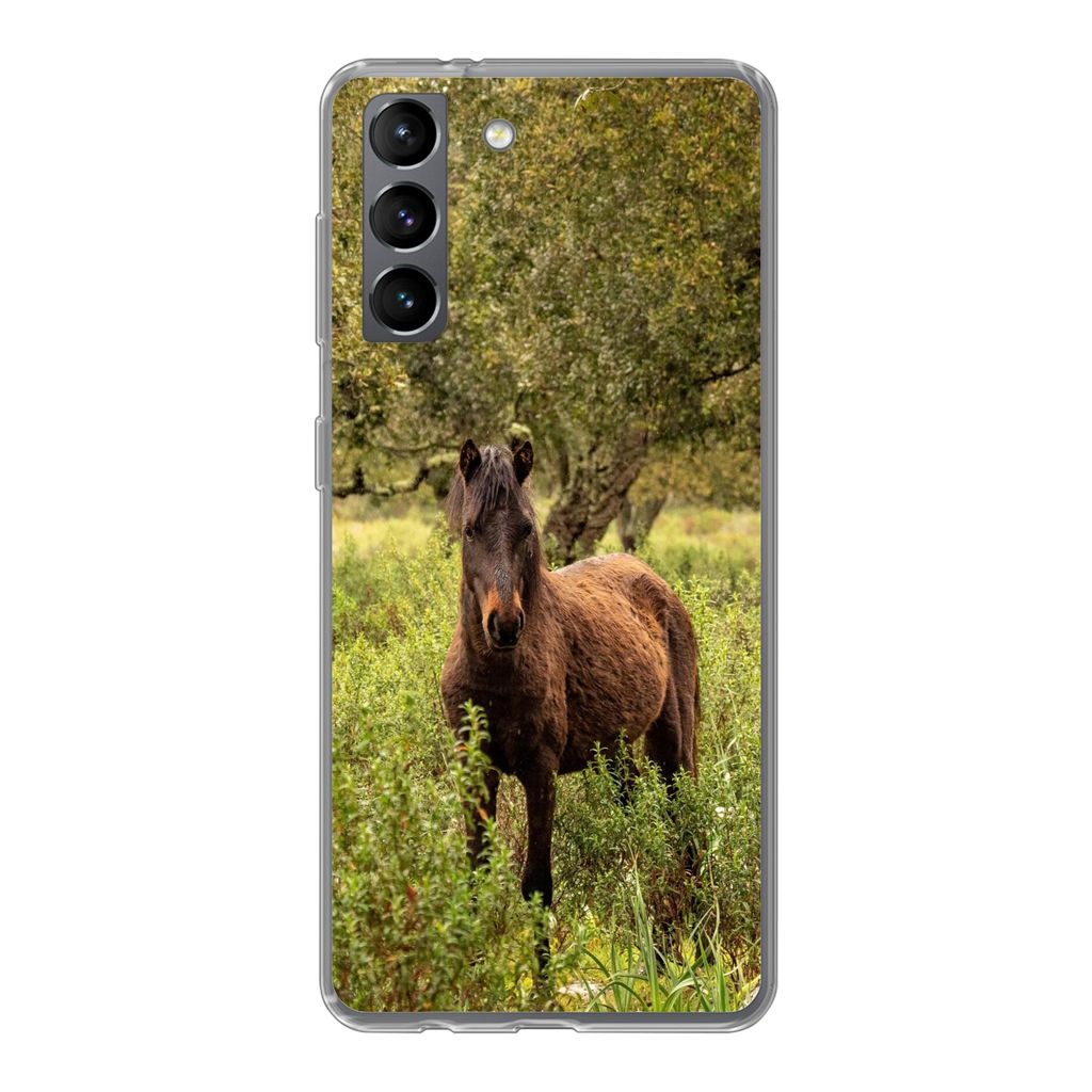 MuchoWow Handyhülle Schutzhülle Hülle für Samsung Galaxy S21 Pferd - Wald - Gras Silikon Softcase Handy Hülle - Softcase