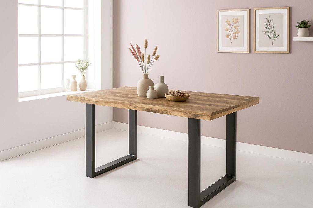 Esstisch 140x80cm Mangoholz gerade Kante U-Gestell schwarz RIO