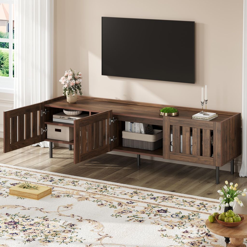 MODFU Minimalistischer TV-Schrank mit Stützbeine und Holzleisten-Schranktüren,TV-Ständer mit durchbrochenem Design für 65-Zoll-Fernseher,Walnus...
