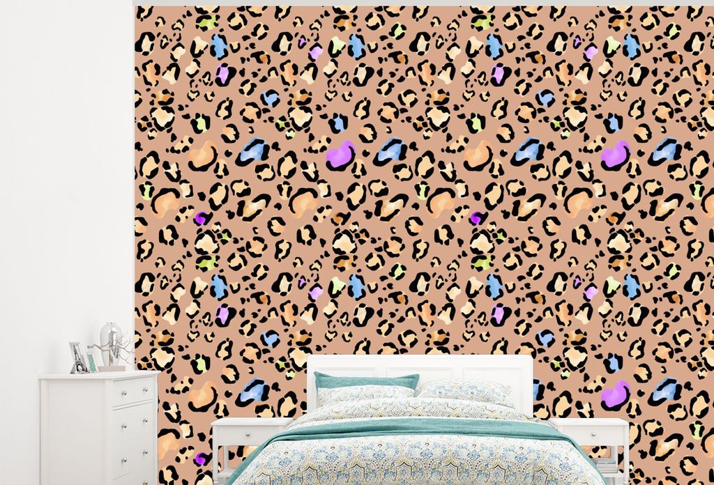 MuchoWow Fototapete für Wohnzimmer oder Schlafzimmer Wandtapete Vinyl Motivtapete Pantherdruck - Regenbogen - Muster - 275x220 cm - Gemustert