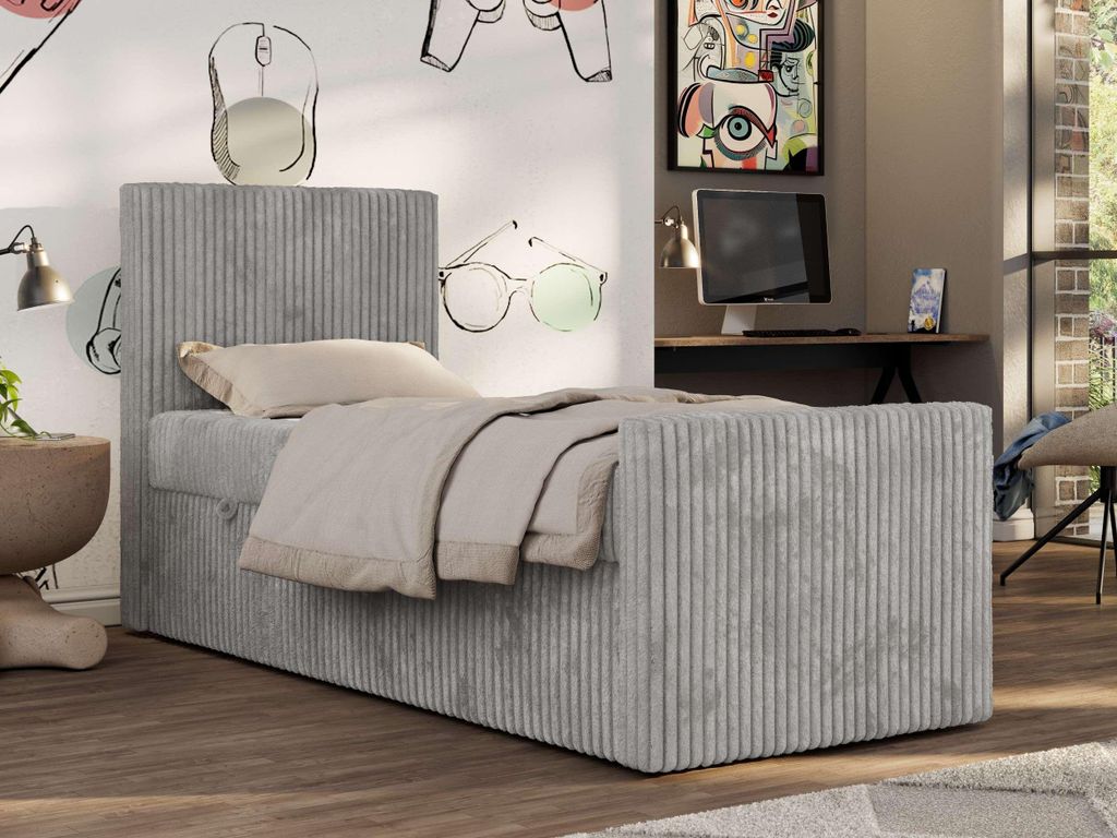 MKS MEBLE Jugendbett TILIO DUO 90x200 mit Stauraum, Polsterbett mit hohem Kopfteil, Cordbezug, 7-Zonen-Taschenfederkern Multipocket-Matratze, Einze...