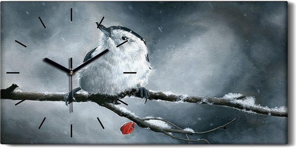 Leinwand Uhr Küche Wohnzimmer Bild 60x30 Malerei Zweig Tier Vogel Schnee Winter - schwarze Hände