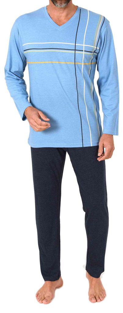 Normann Herren langarm Schlafanzug Pyjama mit Frontprint in klassisch eleganter Optik ; blau , 50