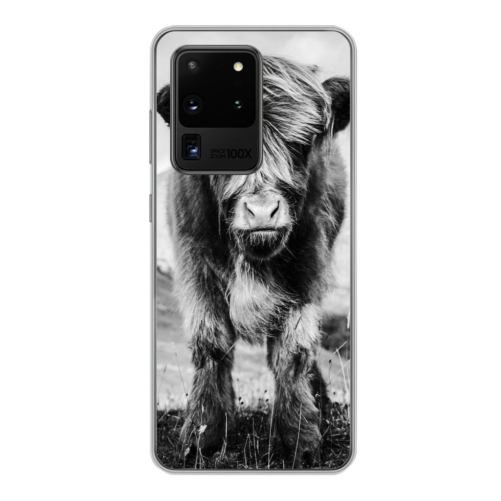 MuchoWow Handyhülle Schutzhülle Hülle für Samsung Galaxy S20 Ultra Schottischer Highlander - Berg - Schwarz - Weiß Silikon Softcase Handy H...