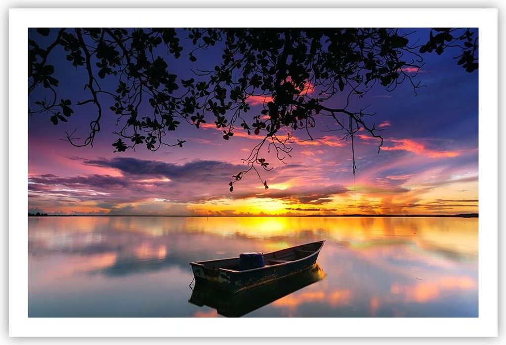 Poster - Poster ohne Rahmen - Boot Sonnenuntergang See Himmel - 91,5x61 cm - Wand Bild - Wanddeko - Wandbilder - Kunstposter - Wandposter - Bilder ...