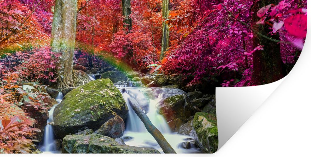 MuchoWow Wandtattoo Wandsticker Wandaufkleber Regenbogen - Wasserfall - Bäume - Steine - Moos 120x60 cm Selbstklebend und Repositionierbar - Sti...