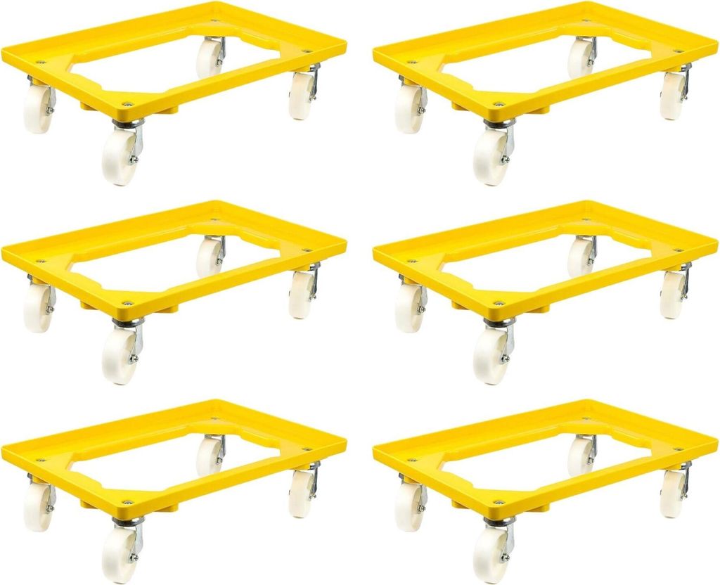 SparSet 6x Transportroller für Euroboxen 60x40cm mit Kunststoffräder gelb | Offenes Deck | 4 Lenkrollen | Traglast 300kg | Kistenroller Logistikr...