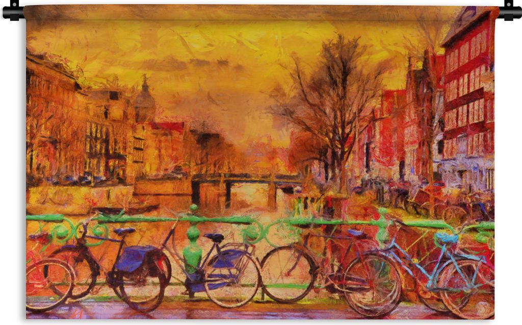 MuchoWow Wandteppich Wandbehang Gemälde - Fahrrad - Amsterdam - Gracht - Öl 90x60 cm Tapisserie Dekoration Wandtuch - Wandskulpturen - Bildteppich