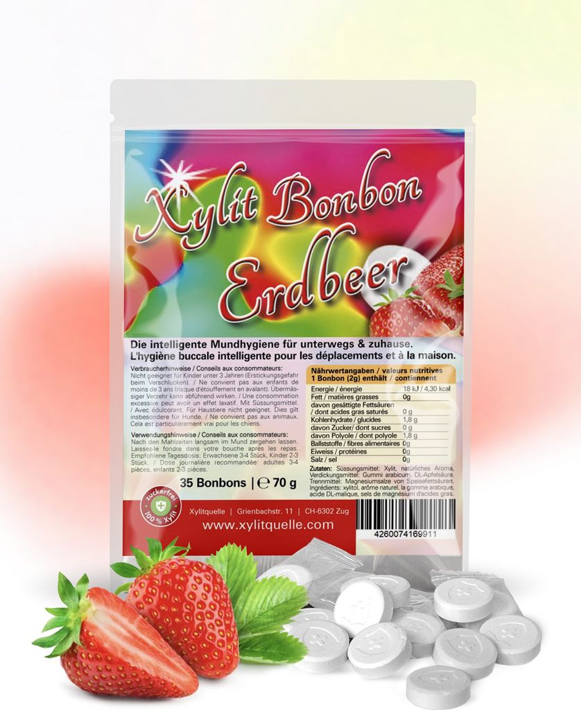 Xylit Birkenzucker Bonbons ERDBEER | 100% mit Xylit gesüsst | 70g Inhalt | 35 Bonbons einzeln verpackt | mit natürlichem Aroma | zahnfreundlich