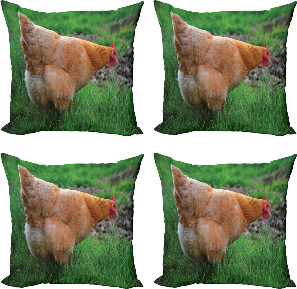 ABAKUHAUS Henne Kissenbezug Set (4 Stück), Huhn auf Gras Farm Foto, Moderner Doppelseitiger Digitaldruck, 50 cm x 50 cm, Zimt Farn-Grün