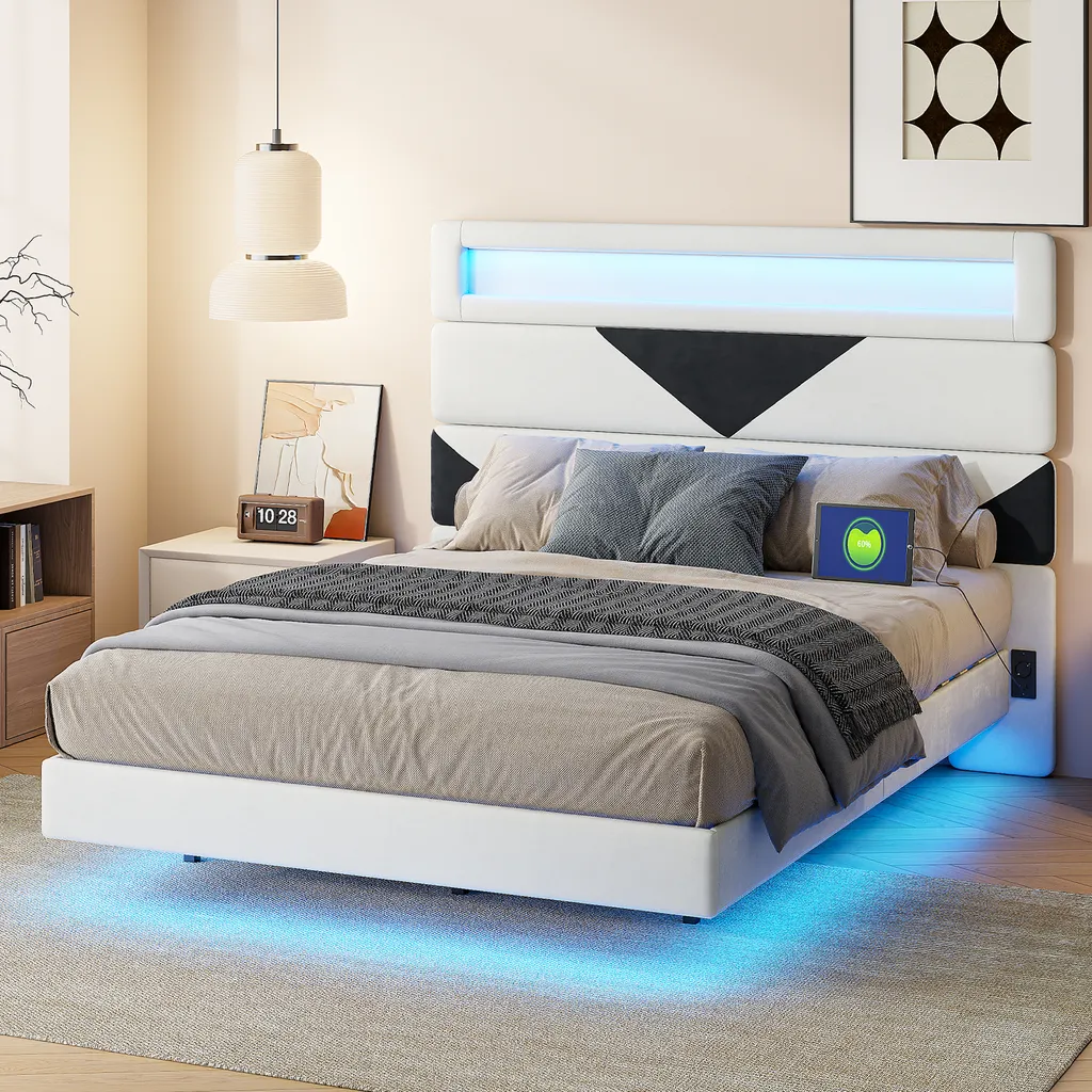 Lit LED 140x200 cm avec USB, Structure MDF Robuste, Design Blanc/Noir