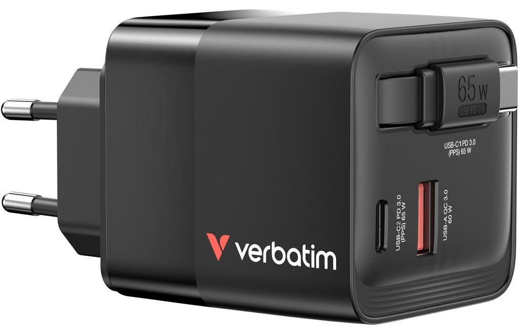 Verbatim Gan Charger 65W 2xUSB-C PD,1xUSB-A, retrac. Cable  Produktbild 