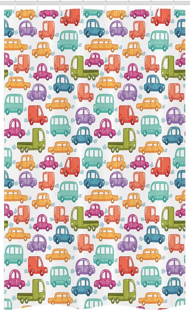 ABAKUHAUS Autos Schmaler Duschvorhang, Vibrant Gekritzelart Rides, Badezimmer Deko Set aus Stoff mit Haken, 120 x 180 cm, Mehrfarbig