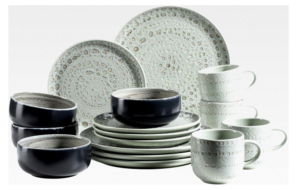 Handbemaltes Geschirr Set für 4 Personen im mediterranen Vintage Design, 16-teiliges Kombiservice aus Keramik, Grün, Steingut