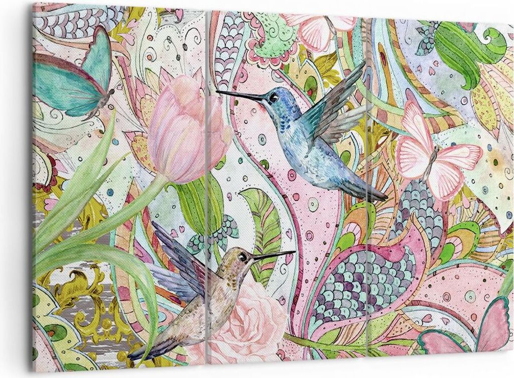 Bild auf Leinwand - Leinwandbild - Vogel Schmetterling Blume - 105x70cm - Wand Bild - Wanddeko - Leinwanddruck - Bilder - Kunstdruck - Wanddekorati...