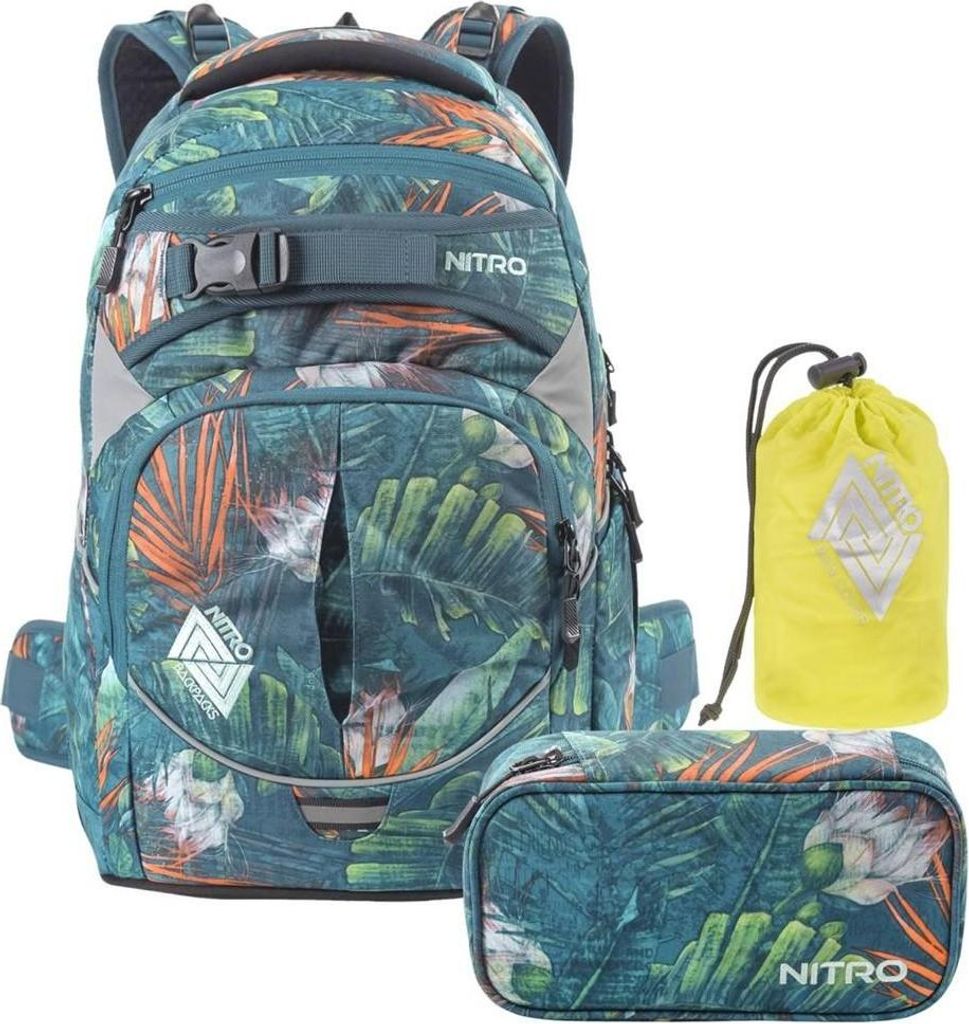 Nitro Schulrucksack Set SUPERHERO TROPICAL ab 5. Klasse für Mädchen und Jungen mit Schlamper und Regenhaube