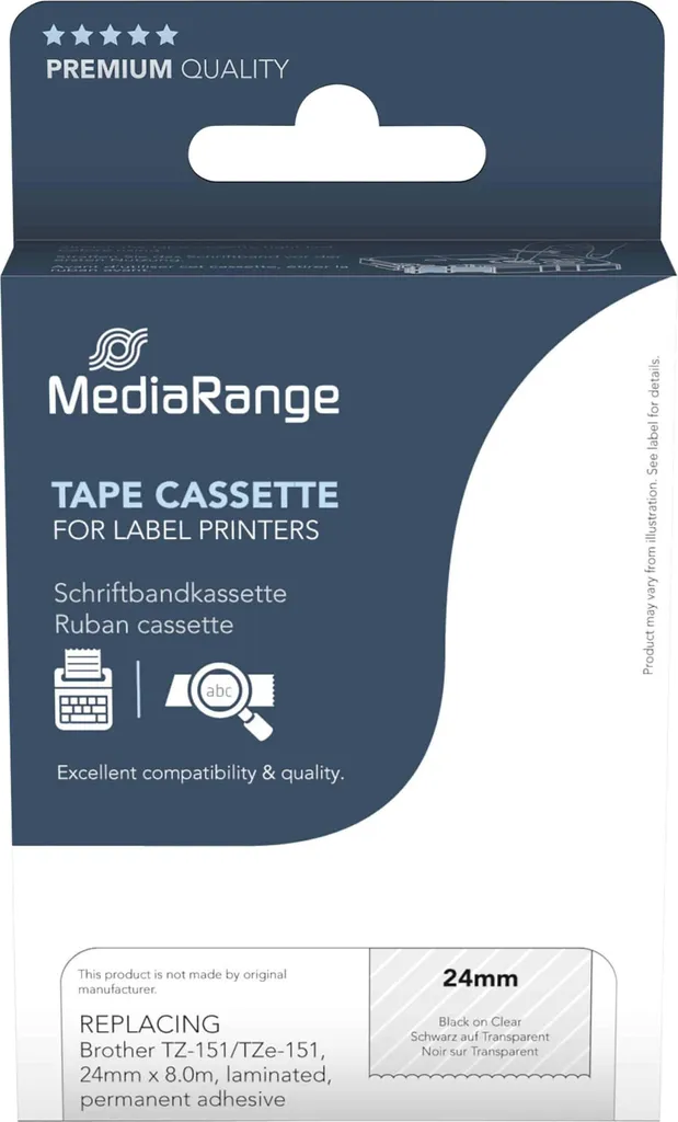 MediaRange TZe-151 Compatibile 24mm Nero su Trasparente per Casa