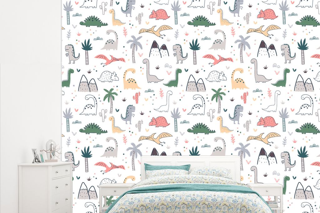 MuchoWow Fototapete für Wohnzimmer oder Schlafzimmer Wandtapete Vinyl Motivtapete Muster - Dino - Baum - Jungen - Kinder - Kinder - 265x220 cm -...