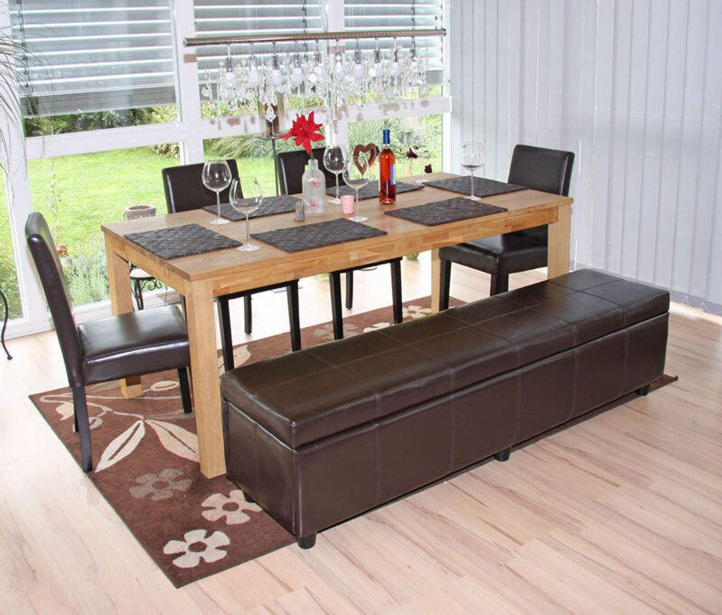 Garnitur Sitzgruppe Bank mit Aufbewahrung Kriens XXL+4 Stühle Littau, Leder braun