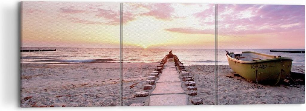 Bild auf Leinwand - Leinwandbild - 3 Teile - Boot Strand Himmel - 120x40cm - Wand Bild - Wanddeko - Wandbilder - Leinwanddruck - Bilder - Wanddekor...